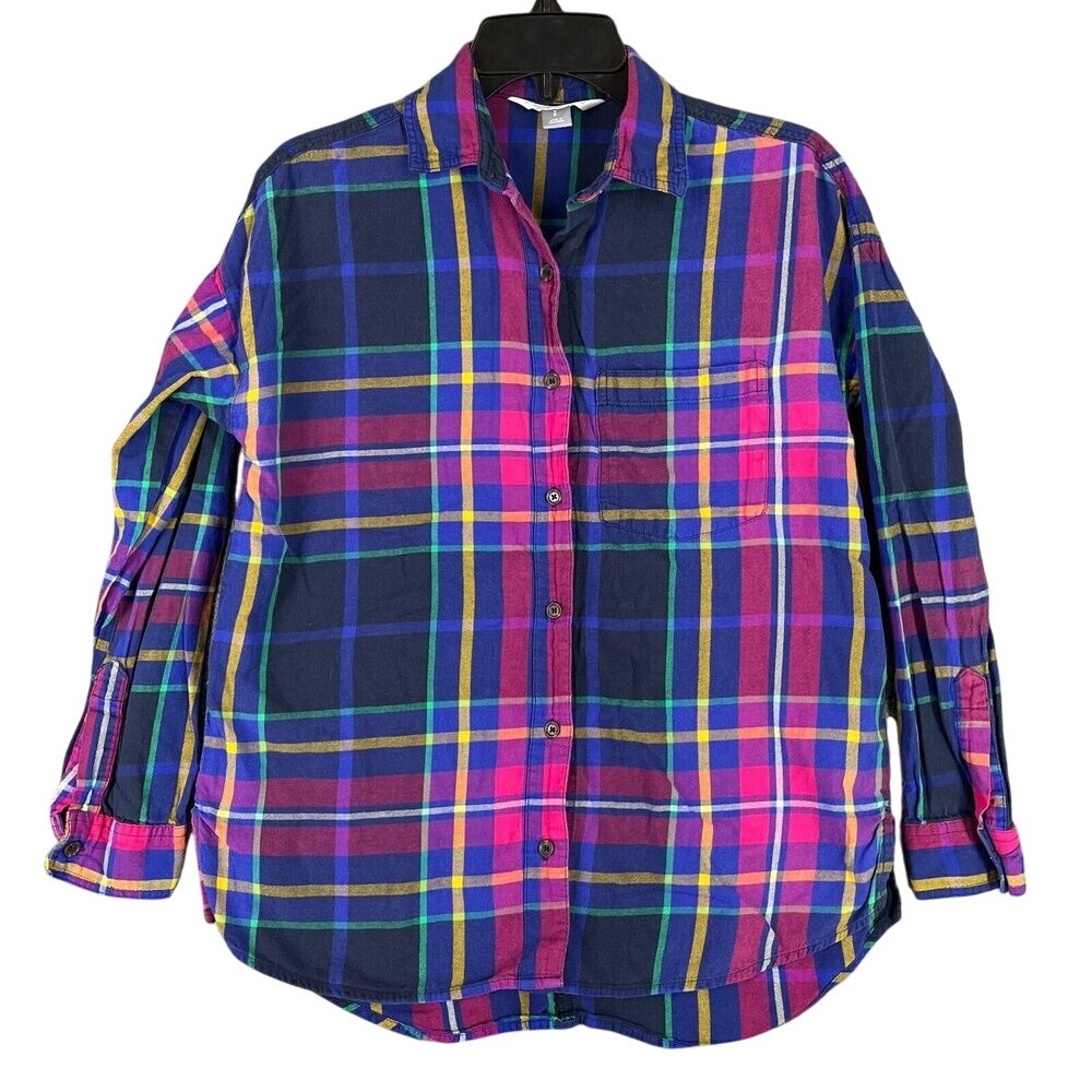 Old Navy Shirt Womens S Blue Button Front The Boyfriend Plaid Flannel Rainbow‎